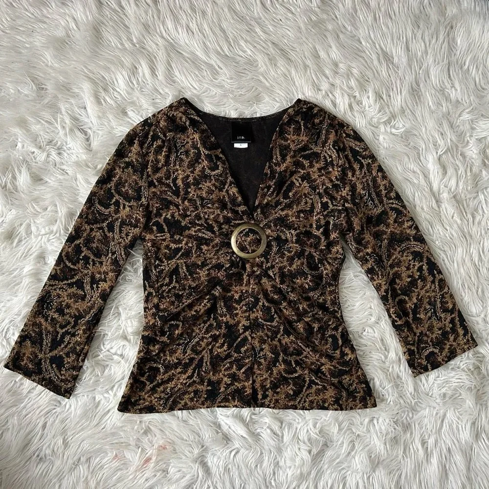 Y2K Leopard Print Brown B-Neck Blouse - Picture 4 of 6